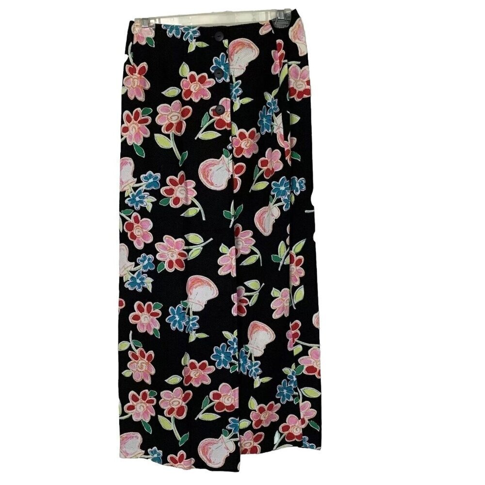 Ali Miles Women’s Size 6 Black Floral Faux Wrap Maxi Long Cotton Skirt Vintage